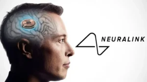 Elon Musk beside Neuralink logo with a partially transparent head showing the brain interface system.