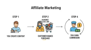 A simple flowchart with icons explaining the 4 steps of the affiliate marketing process: create content, audience clicks link, customer makes purchase, and creator earns a commission.