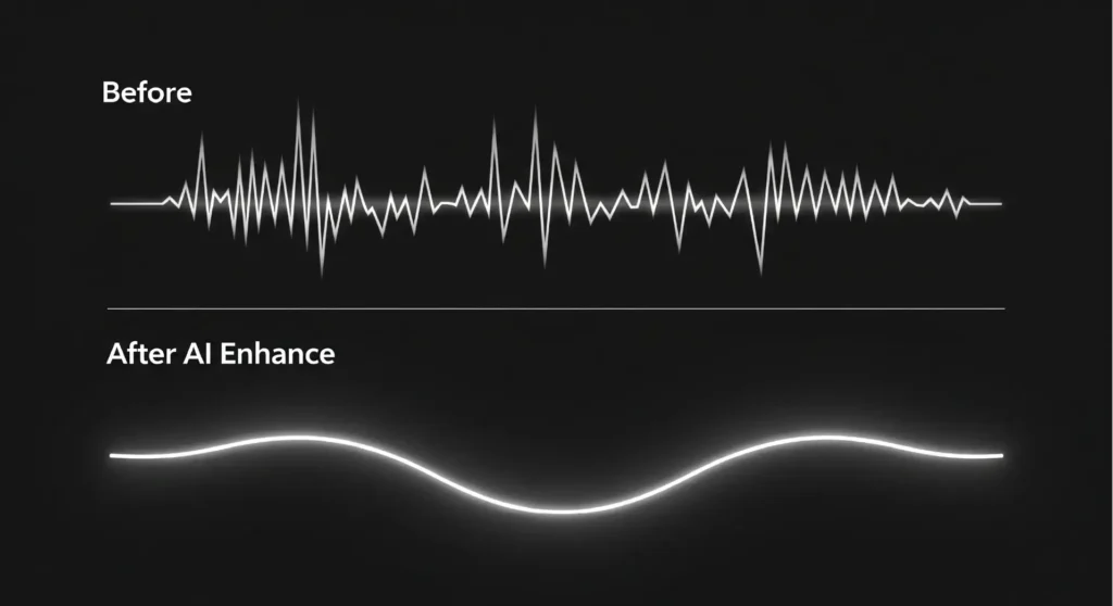 A graphic showing a 'before' and 'after' of an audio waveform, demonstrating how AI audio enhancement tools clean up and balance noisy sound
