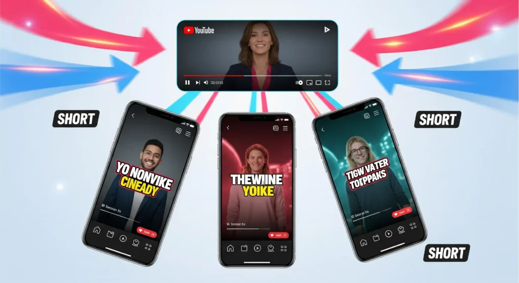 A diagram showing how AI auto-reformatting tools take one long horizontal video and automatically create multiple vertical short clips for social media