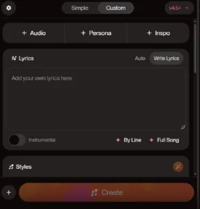The user interface of an AI music generator showing a text box with a prompt typed in to create a soulful acoustic folk song.