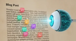 An AI robotic eye scanning a paragraph of text and highlighting key entities like names and dates with glowing digital tags, visualizing how structured data works.