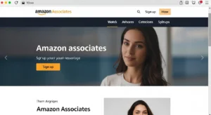 A clean screenshot of the official Amazon Associates homepage, clearly showing the main 'Sign up' button for new users to join the program.