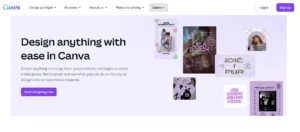 A screenshot of the Canva home page dashboard, showing a variety of colorful design templates for social media, presentations, and videos.