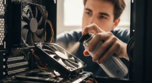 A close-up, focused shot of a man using a can of compressed air to clean a thick layer of dust from a computer's case fan.