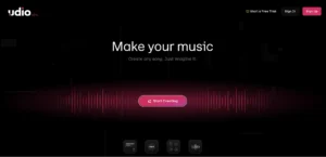 A screenshot of the Udio homepage, a powerful AI tool for generating high-quality music with realistic vocals and complex instrumentation.