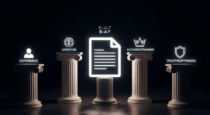 A symbolic image of four pillars labeled Experience, Expertise, Authoritativeness, and Trustworthiness (E-E-A-T), supporting a glowing digital document.