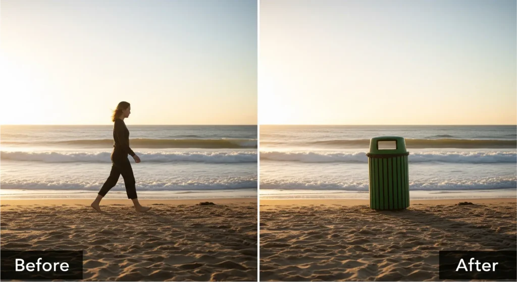 A before-and-after example of generative fill for video, showing a beach scene where a distracting object has been seamlessly removed by AI