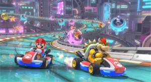 A vibrant 4K screenshot from a next-generation Mario Kart game, showing Mario and Bowser racing on a futuristic, neon-lit city track with detailed reflections and effects.