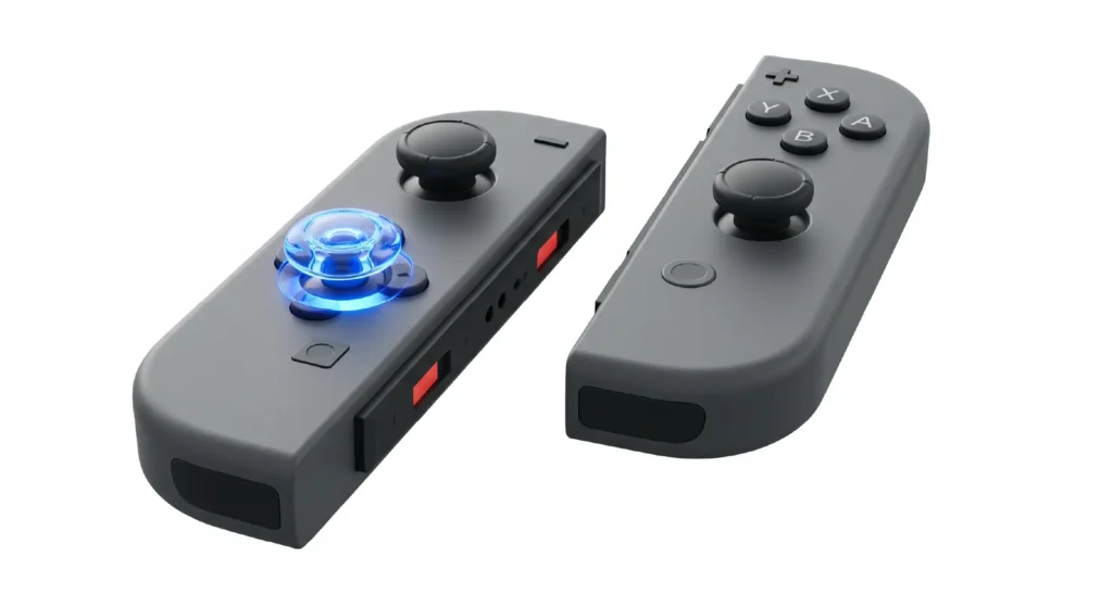 A clean product shot of the new gray Nintendo Switch 2 Joy-Con controllers, with one analog stick featuring a glowing blue ring to symbolize its anti-drift technology.