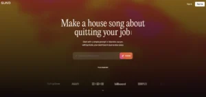 A screenshot of the Suno AI homepage, a popular AI music generator used to create songs and instrumental tracks from text prompts.