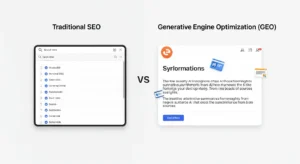 A split-screen comparison showing Traditional SEO with a list of ten blue links on the left, and Generative Engine Optimization (GEO) with a single AI-generated answer on the right.