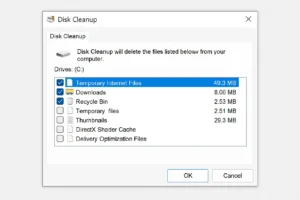 A screenshot of the Windows Disk Cleanup utility showing a list of files to be deleted, including "Temporary Internet Files" and the "Recycle Bin" with checkboxes.