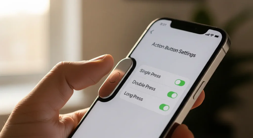 A lifestyle photo showing a person's thumb pressing the customizable Action Button on the side of the iPhone 17, with the settings menu visible on screen.