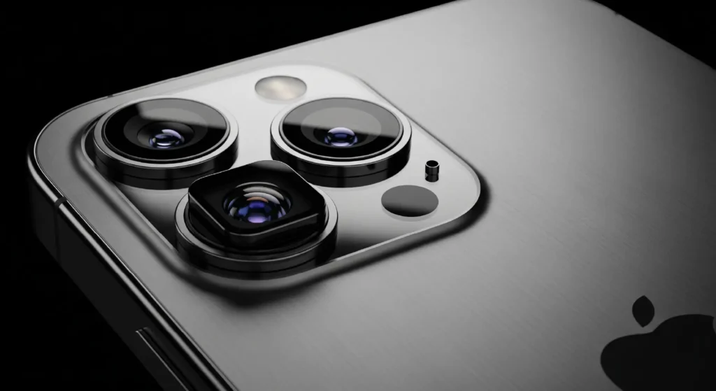 A macro shot of the redesigned triple-lens camera module on the back of the iPhone 17 Pro, with a new rectangular periscope lens for enhanced optical zoom.