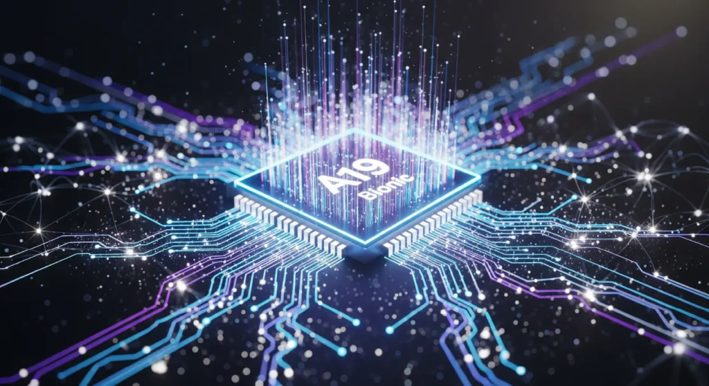An abstract image of the glowing A19 Bionic chip, with futuristic neural network patterns symbolizing its advanced AI and machine learning power.