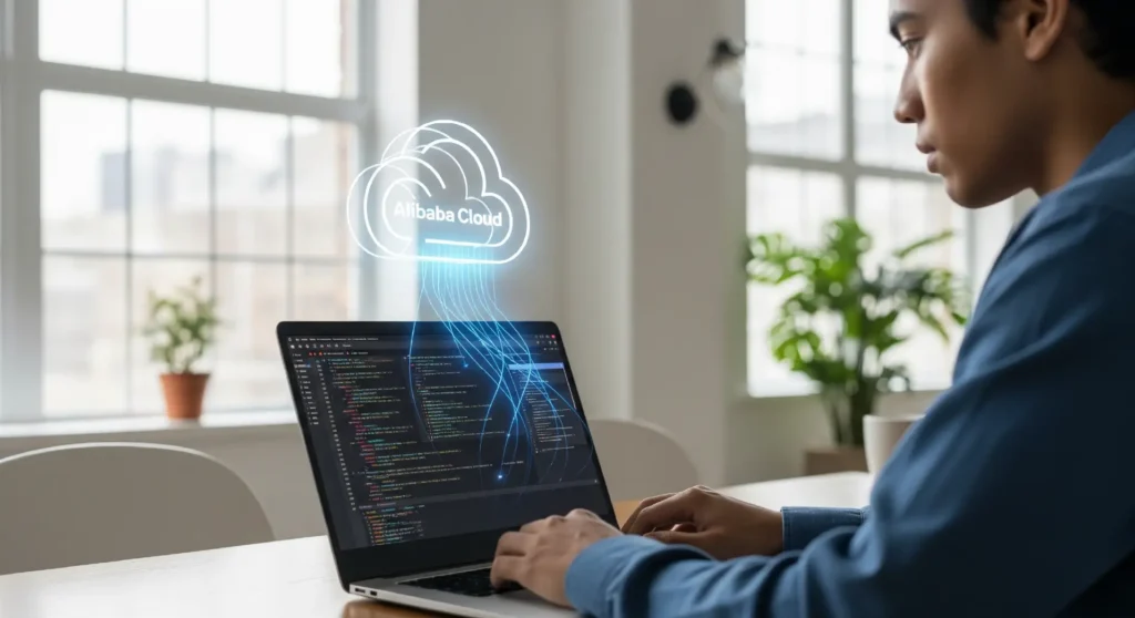 A developer working on a laptop that is connected to the Alibaba Cloud, representing a practical use case for the free tier.