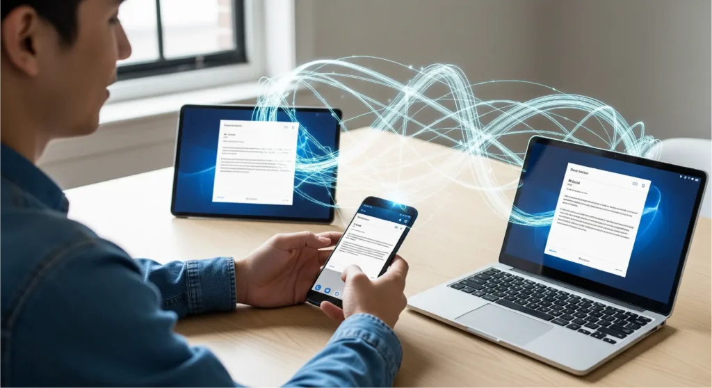 A visual representation of a cross-device ecosystem, with information flowing seamlessly between an Android phone, a tablet, and a laptop.