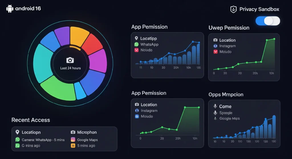 The new Android 16 privacy dashboard, showing a clear visual breakdown of app permissions and security settings.