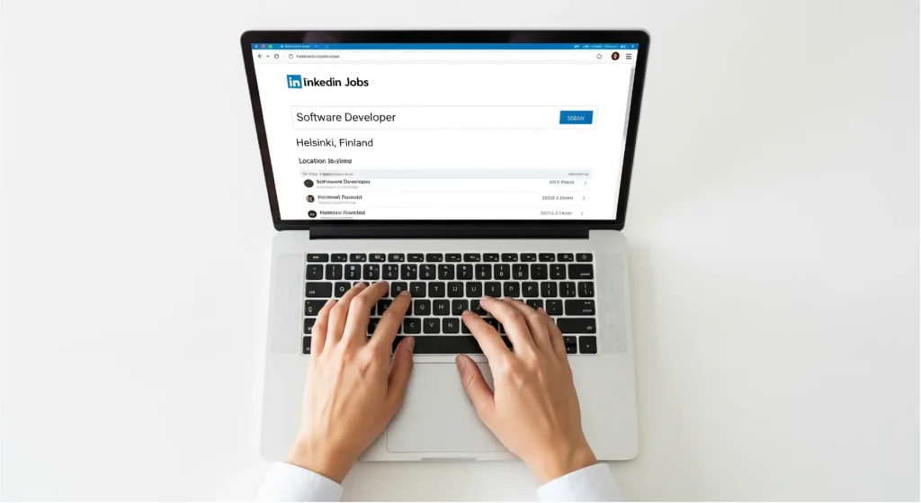 A person searching for software developer jobs in Helsinki on LinkedIn, demonstrating how to find tech jobs in Finland.