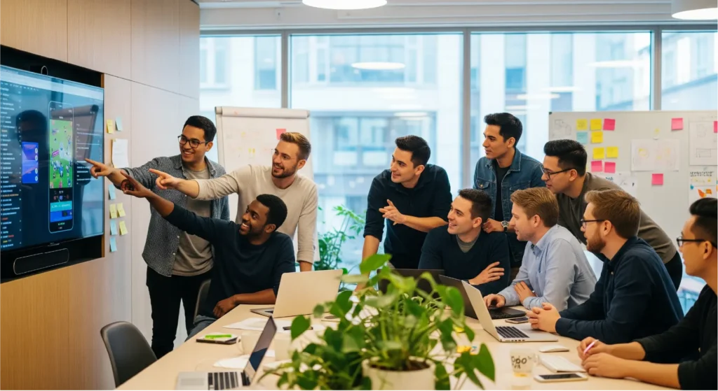 A diverse team of game developers collaborating in a modern office in Finland, representing one of the country's in-demand tech sectors.