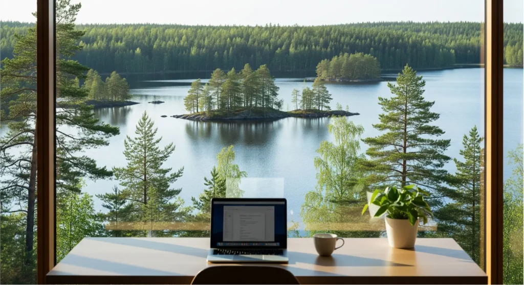 A view from a modern office window looking out onto a serene Finnish lake and forest, symbolizing the excellent work-life balance in Finland.