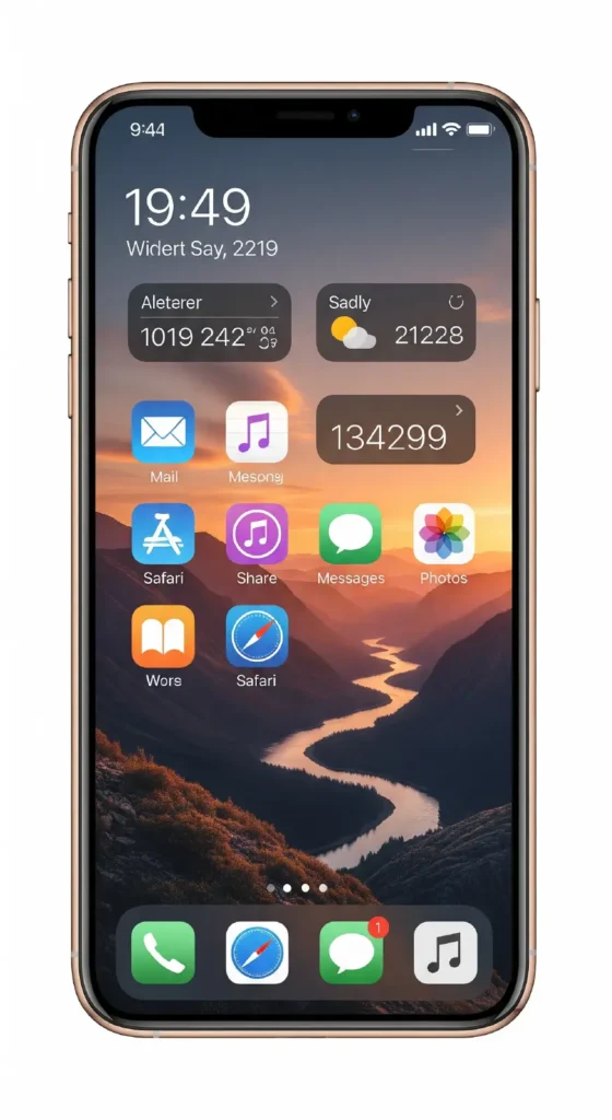 A mockup of the new iOS 19 home screen, showcasing advanced customization with freely placed icons and widgets.