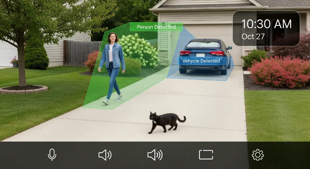 The user interface of a smart camera app showing AI detection at work, with a green box correctly identifying a 'Person' and a blue box identifying a 'Vehicle' while ignoring a cat.