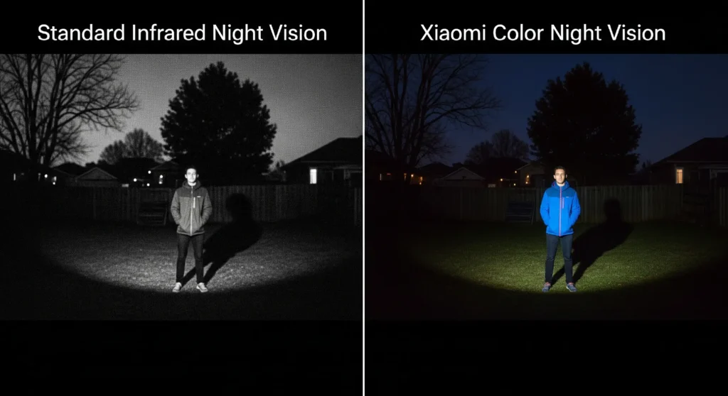 A split-screen comparison showing a grainy, black-and-white 'Standard Infrared' view versus the clear, full-color 'Xiaomi Color Night Vision' of a person at night.