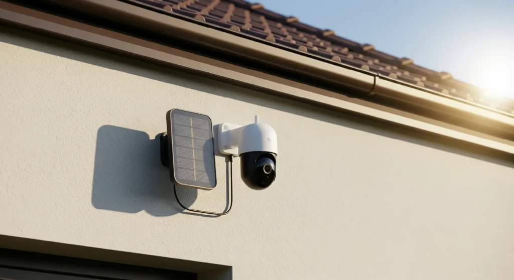 The Xiaomi Smart Outdoor Camera 4 Pro mounted on a sunny wall next to its connected solar panel, representing a wire-free, perpetually charging solution.