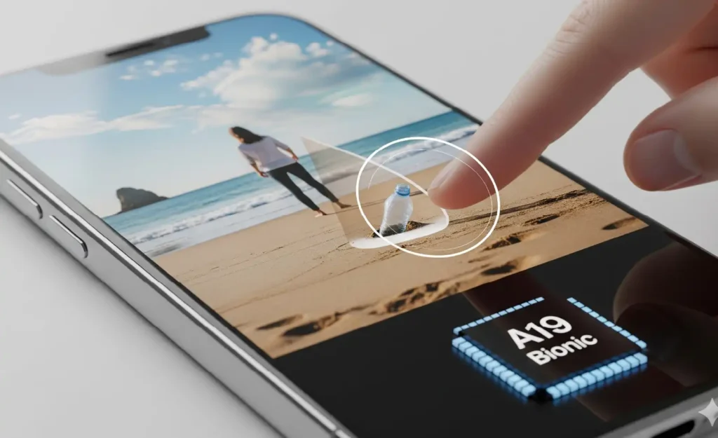 The new A19 Bionic chip powering an advanced AI photo editing feature on the iPhone 17 screen.