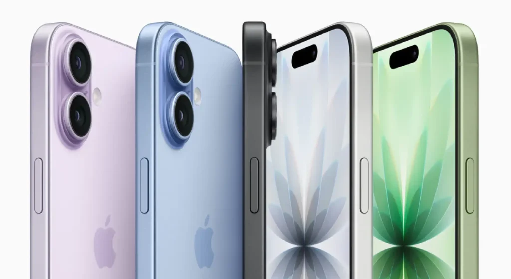 A product shot of the new iPhone 17 Pro shown in its four new color options: Graphite Titanium, Silver, a new Forest Green, and a deep Burgundy finish.