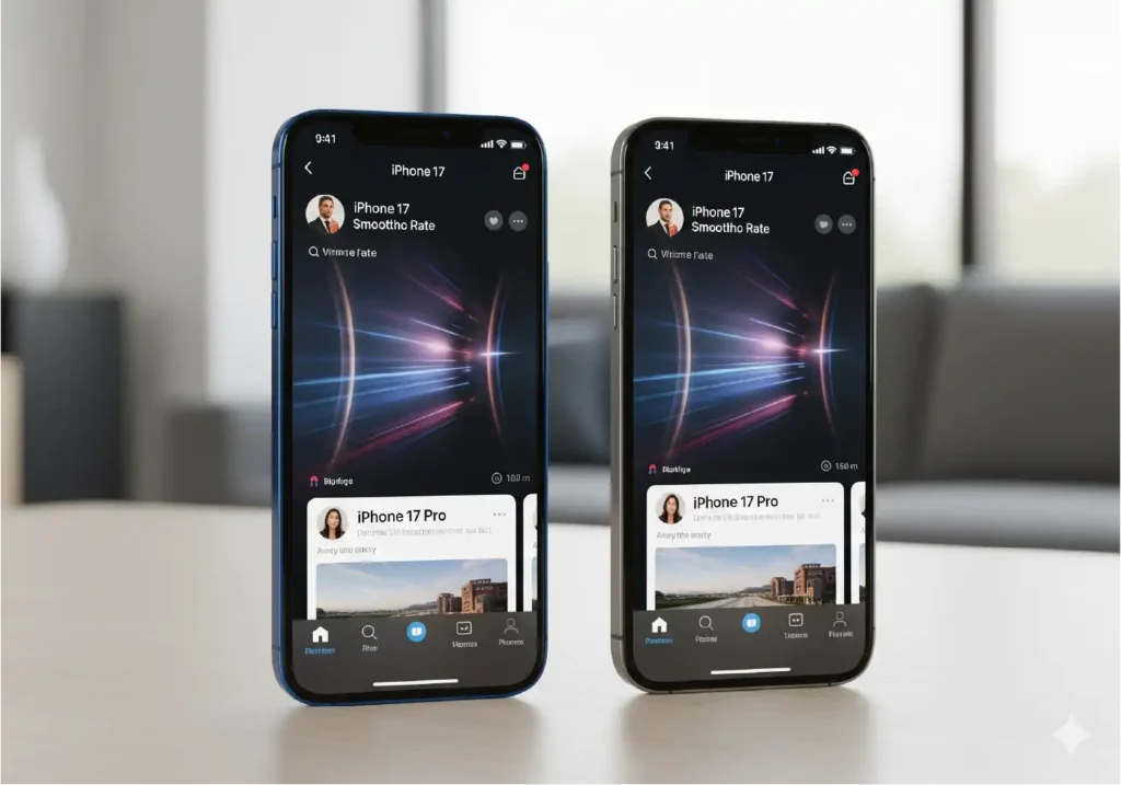 Two new iPhone 17 models, a standard and a Pro, both displaying a smooth scrolling effect, visualizing the new 120Hz ProMotion display.