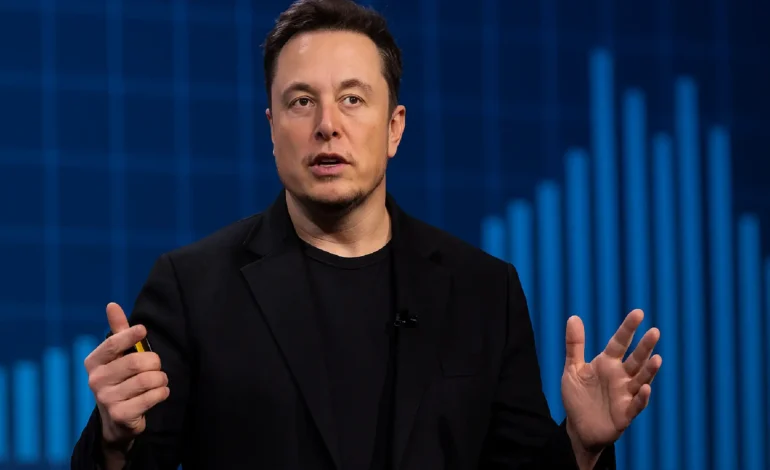Elon Musk presenting in front of a digital graph representing innovation and market disruption.