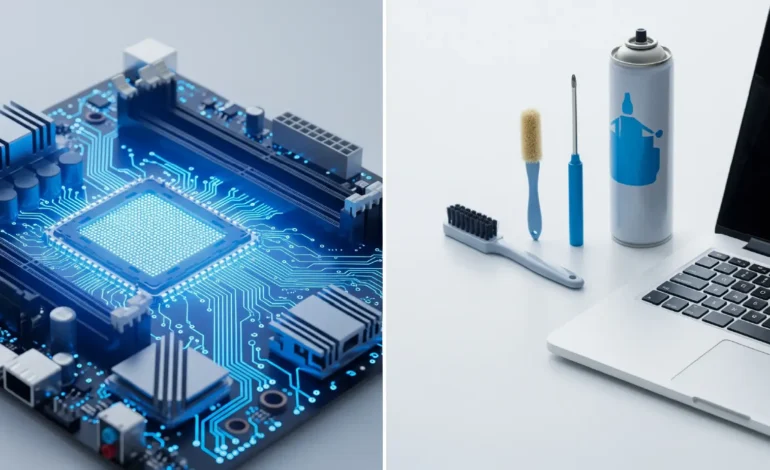 A split image representing a complete computer maintenance checklist, showing an optimized glowing motherboard on one side and physical PC cleaning tools on the other.